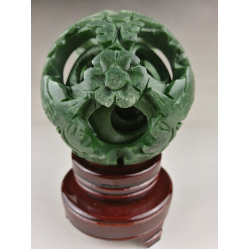 Chinese old green jade carved fengshui magic with wood base