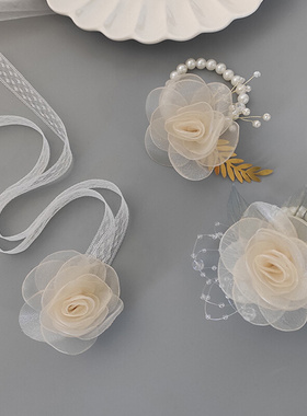 Pearl Crystal Wrist Flower Corsage Girls Bridesmaid Fabric