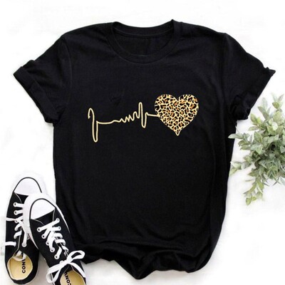 Summer New 90 ’s Leopard Heartbeat Short Sleeve Print Cloth