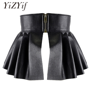 Pleated Skirts Wide Belts Women PU Leather Elastic Wide