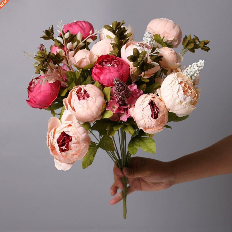 13 Heads Peony Silk Artificial Flowers Vintage Bouquet Fake