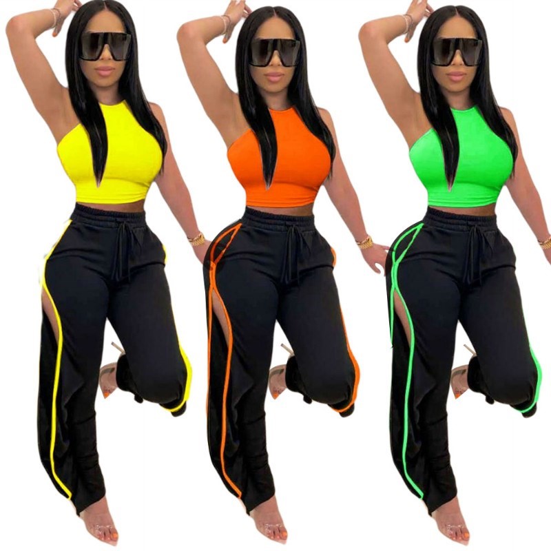 Women 2 Piece Pants Sets 2021 Solid Crop Tank Tops and Side