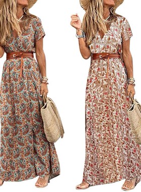 Fashion Boho Long Dress for Women V Neck Short Sleeve Paisle