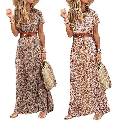 Fashion Boho Long Dress for Women V Neck Short Sleeve Paisle