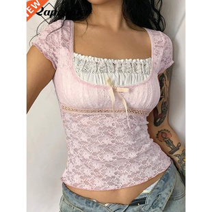 Rapcopter y2k Pink Trim Crop Top Bow Cute Sweet T Shirt Wome