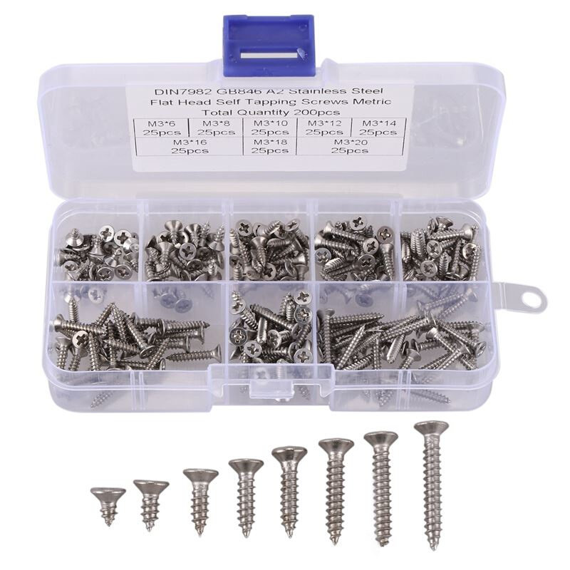 200Pcs M3 Stainless Steel Flat Head Screws Kits High Strengt