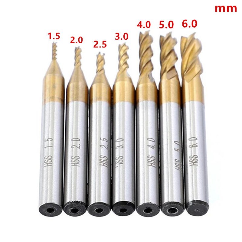 7PCS 1.5-6mm Titanium Coated HSS 4 Flute End Mill Cutter HRC