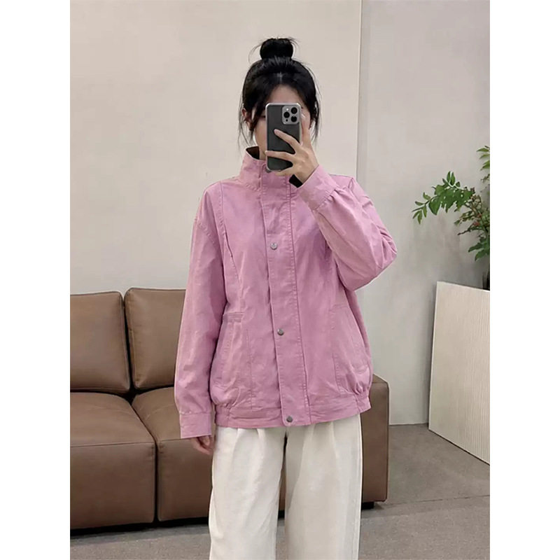 粉色工装外套女士秋季新款设计感小众宽松显瘦休闲短款夹克上衣潮