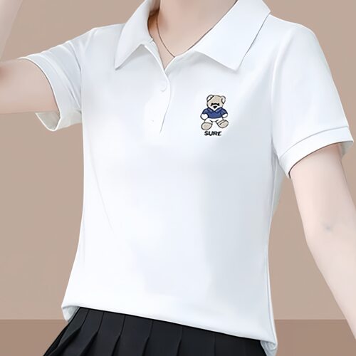 新款POLO领小熊刺绣短袖T恤女 210克40支1×1罗纹棉（92棉 8氨纶