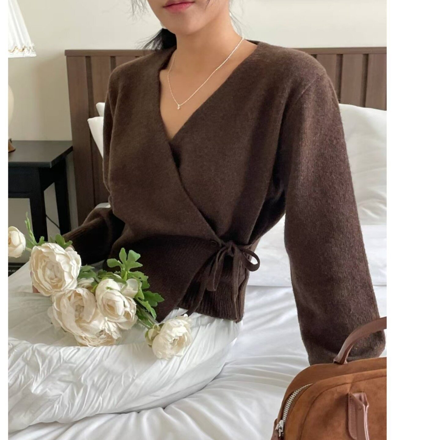 开衫针织衫女短款毛衣chic超火小个子韩系慵懒风交叉V领系带收腰