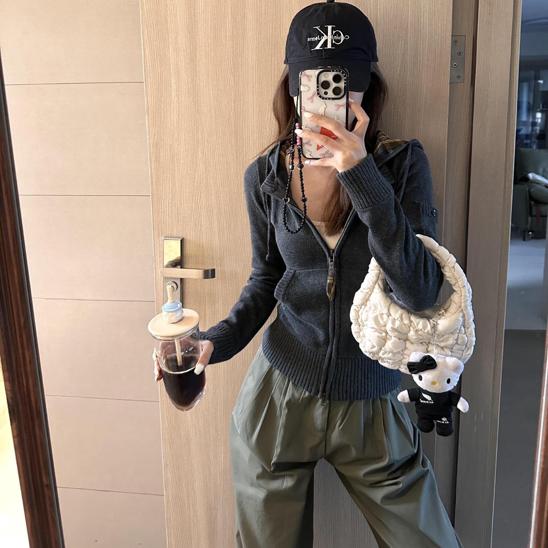 开衫女秋冬格子修身针织外套慵懒风短款上衣chic美式复古连帽毛衣