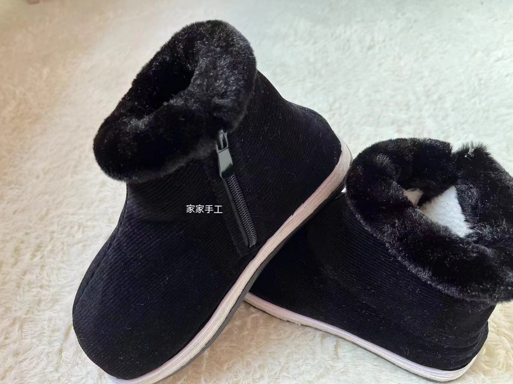 冬季传统千层底手工布鞋男加绒加厚高帮拉链保暖防滑爸爸棉布鞋女