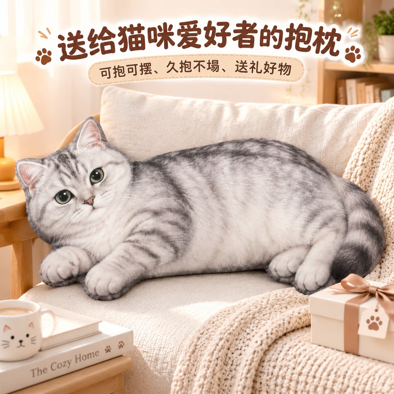 银渐层侧卧抱枕异形创意卡通猫咪靠垫生日礼物送人柔软厚实家用款