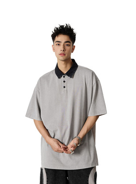 BLACKCROW基础Polo285g重磅水短袖男t美式复古高级感宽松翻领男装