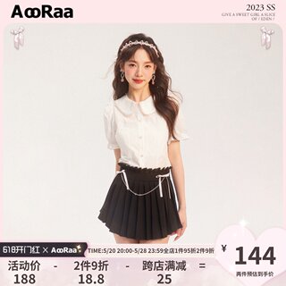 AooRaa原创设计 芭蕾风少女娃娃领泡泡袖双色花边衬衫珍珠短袖