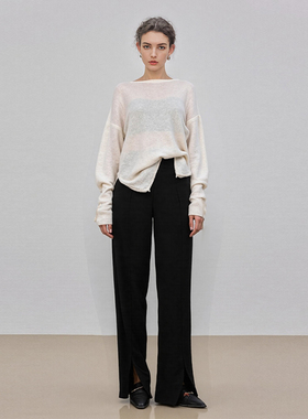 【现货】布衣布语黑色休闲小西裤女2025秋季新款阔腿裤开叉长裤