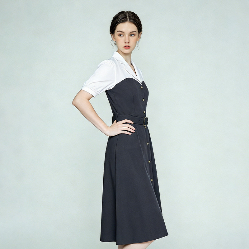 淑女风黑白拼接连衣裙女收腰A字裙职场复古短袖裙子撞色经典百搭,女装/女士精品,连衣裙,淘宝优惠券,粉丝福利购,淘宝优惠卷