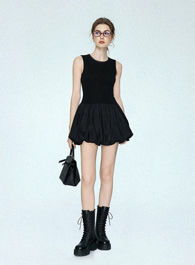 黑色法式无袖连衣裙女气质收腰显瘦蓬蓬花苞裙法式U领背心短裙