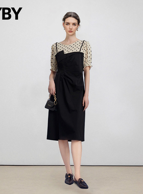 布衣布语假两件连衣裙25夏季法式黑色中长款侧开叉高级感短袖裙子