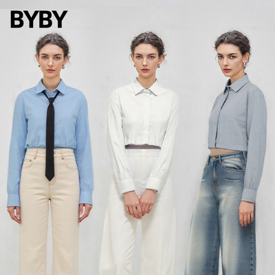 袖宽松型短款衬衫女polo领衬衣