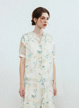 法式田园风V领雪纺碎花短袖衬衫女仙气薄款上衣休闲时尚款女装