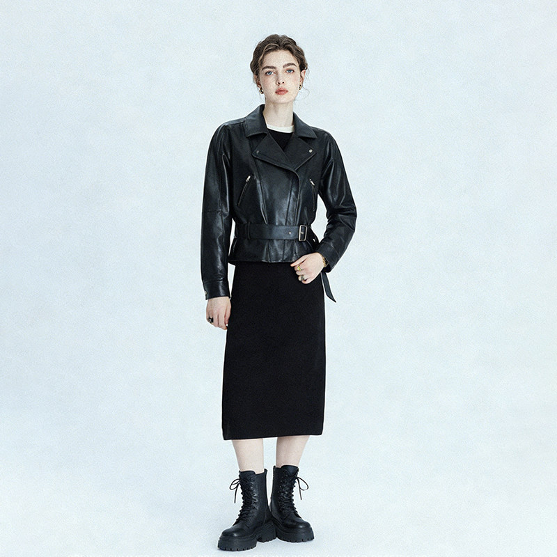 机车风翻领长袖皮衣羊皮系腰带短款外套潮女真皮西装领宽松夹克