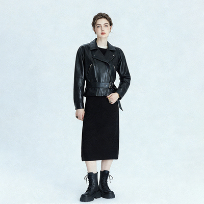 机车风羊皮西装领短款皮衣女