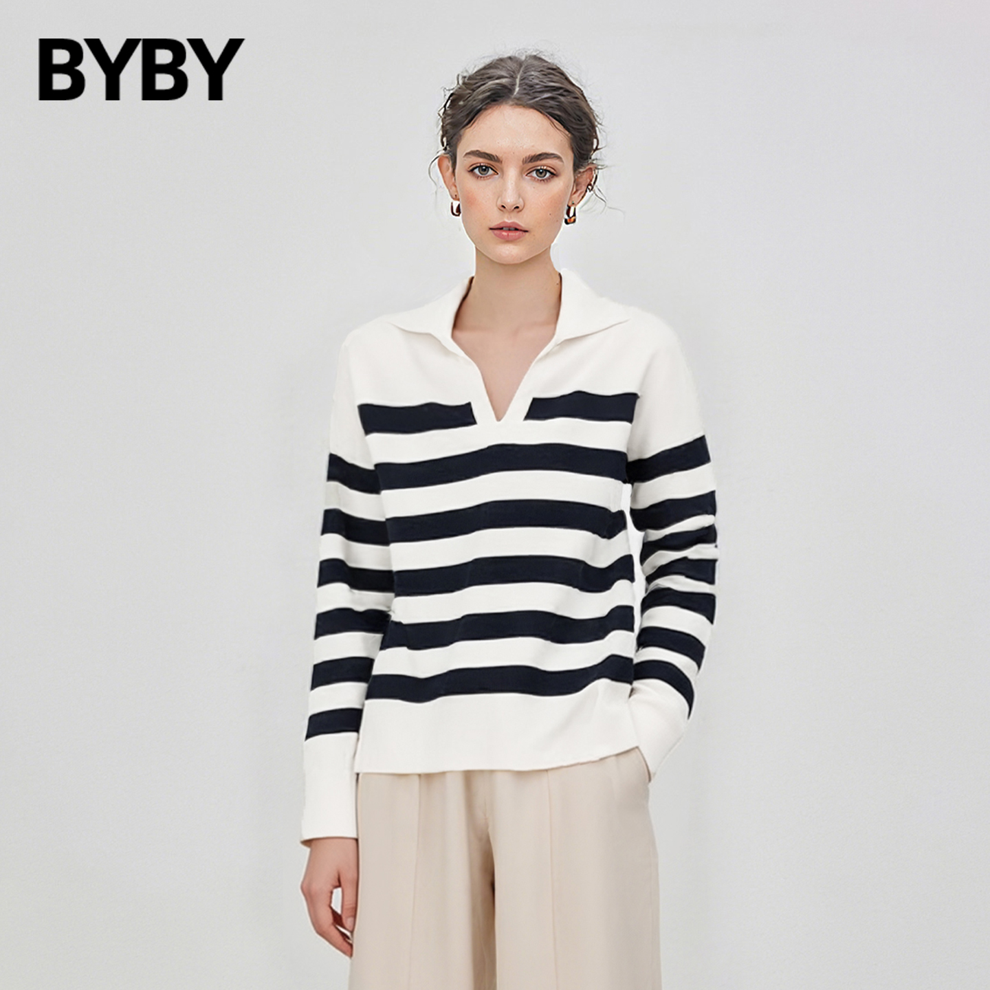 布衣布语黑白粗条纹撞色针织衫女