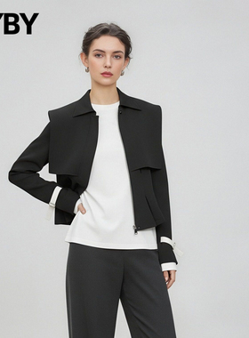 通勤风黑色短外套女翻领拉链百搭高级感夹克长袖修身型简约上衣
