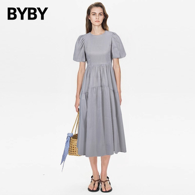 布衣布语泡泡袖套头高腰连衣裙女