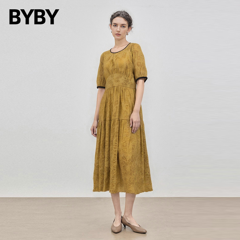 布衣布语法式泡泡袖长款连衣裙女