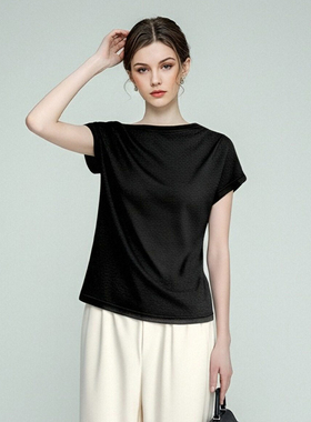 常规款极简风休闲黑色宽松短袖T恤女夏季轻熟优雅垂感基础款上衣