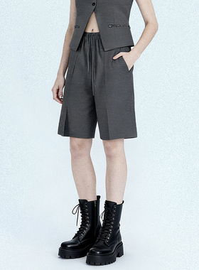 简约风亲肤舒适廓形西装短裤女夏灰色松紧腰五分裤通勤百搭休闲裤