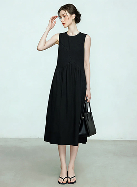 2026夏季新款拼接肌理感无袖A字连衣裙海边度假法式显瘦中长裙