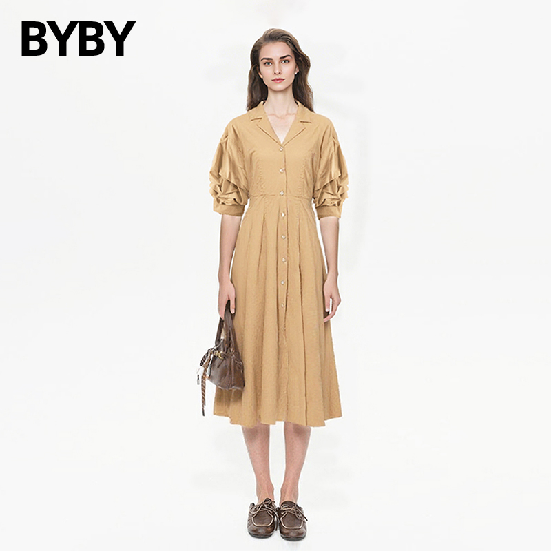 布衣布语堆堆袖连衣裙女2025夏装新款时尚大摆中长款气质衬衫裙