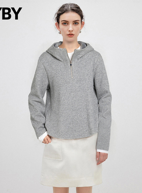 【现货】布衣布语百搭舒适柔和宽松型套头连帽拉链纯色长袖卫衣女