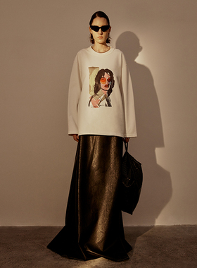 PHISM新款人像印花宽松长袖T恤女圆领卡通上衣 033T30
