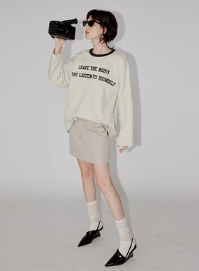 PHISM春夏新款撞色字母T恤长款女休闲宽松长袖上衣圆领