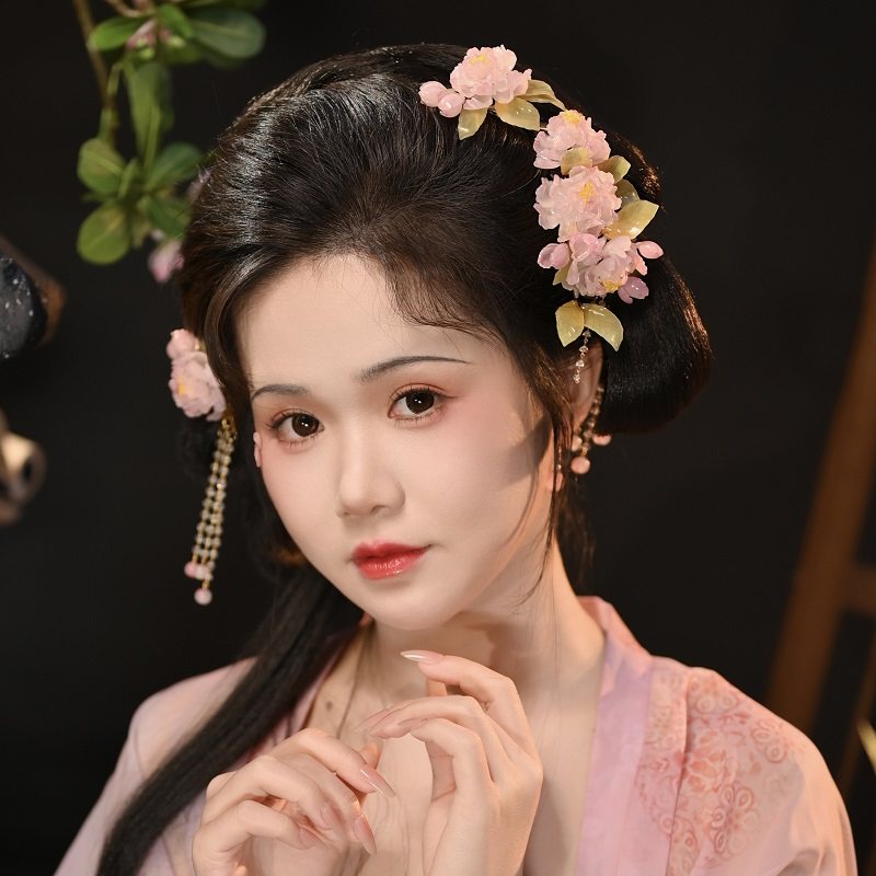 玲珑阁原创粉色樱花热缩花簪子步摇古风盘发汉服头饰发饰发钗U钗