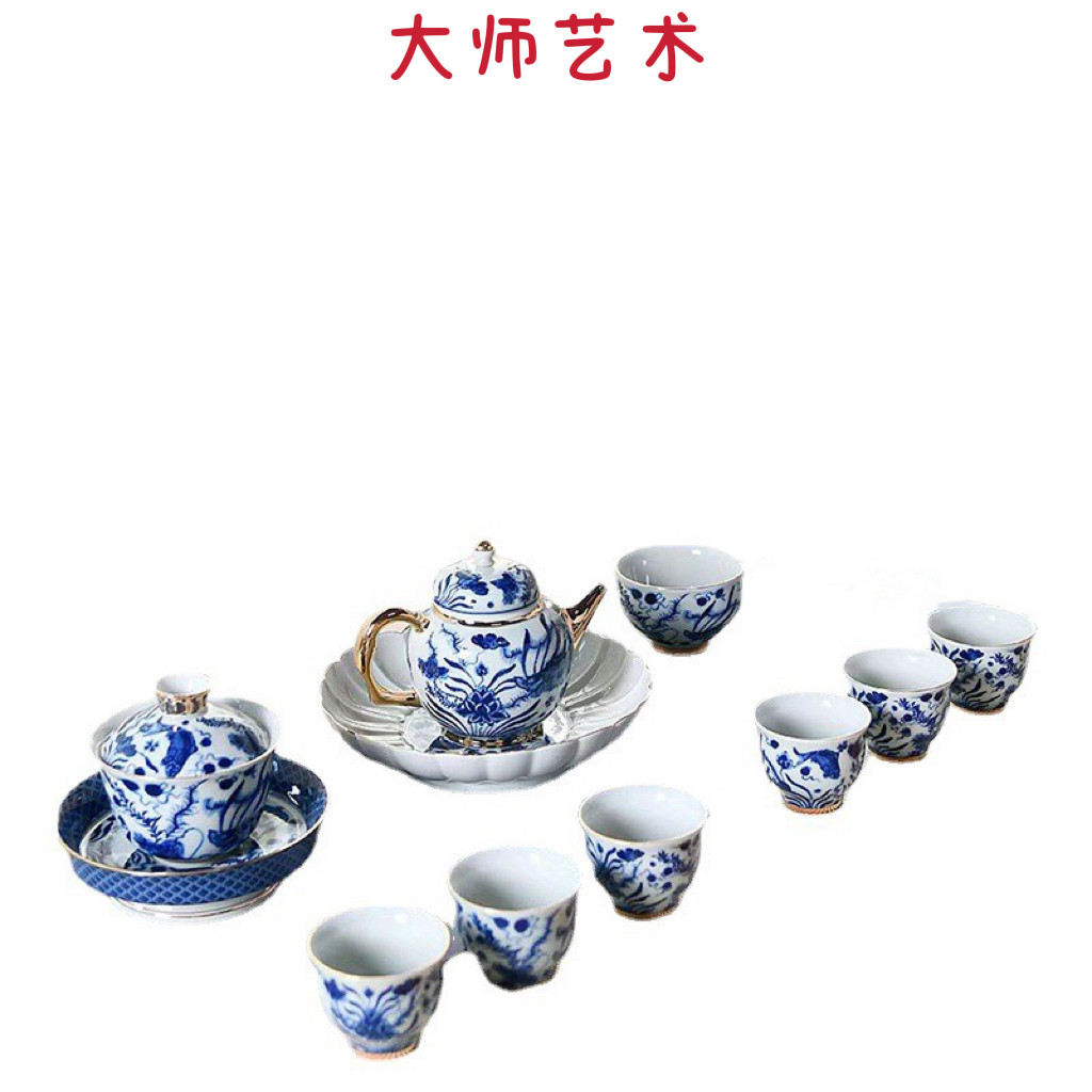 大师艺术高端景德镇老泥料仿古陶瓷功夫茶具套装手工鎏金茶壶