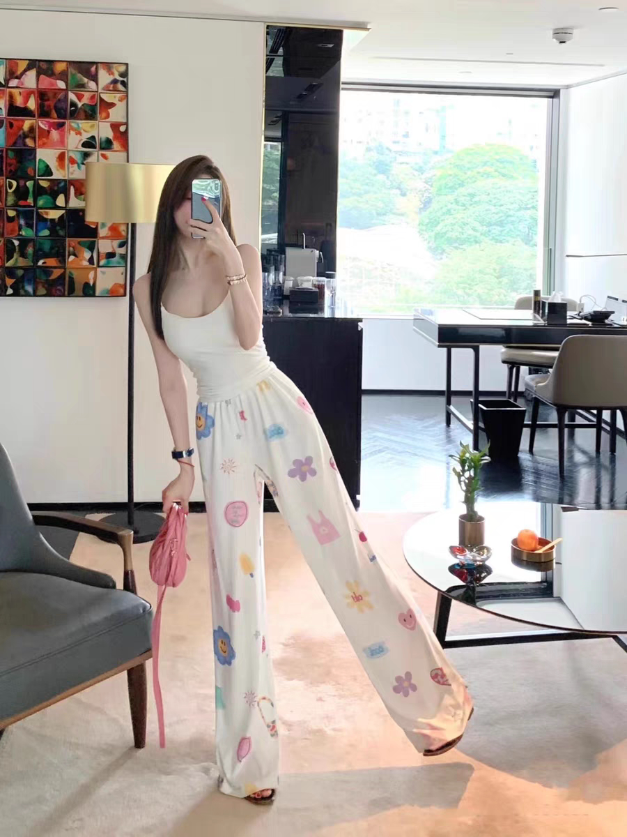 夏日女休闲小清新带垫吊带长裤套装直筒不透慵懒家居服睡衣两件套