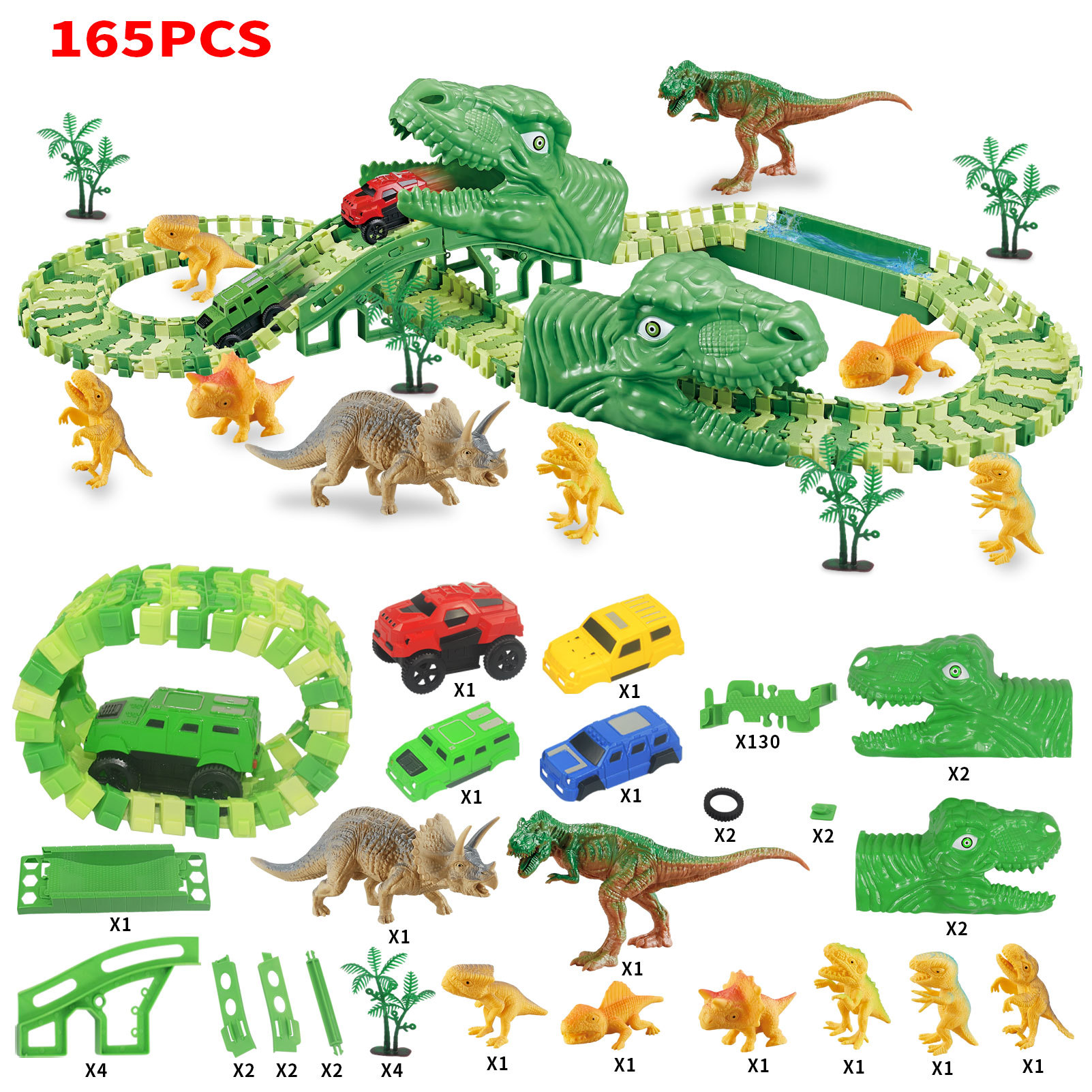 恐龙轨道DIY多变拼装竞赛轨道电动车过恐龙山165PCS 儿童玩具