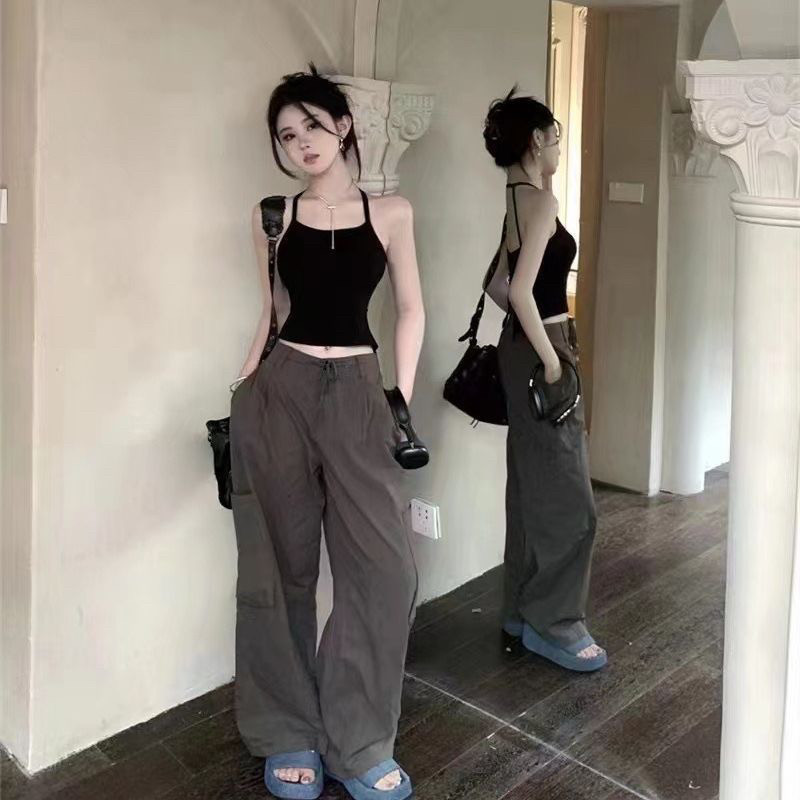 辣妹挂脖吊带背心夏季女外穿纯欲设计感后背开叉露背露脐短款上衣