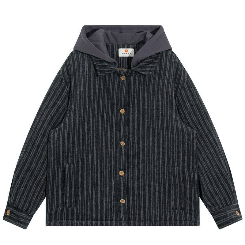 宽松复古冬季男女棉衣拼接工装条纹棉服潮毛呢日系外套假两件连帽
