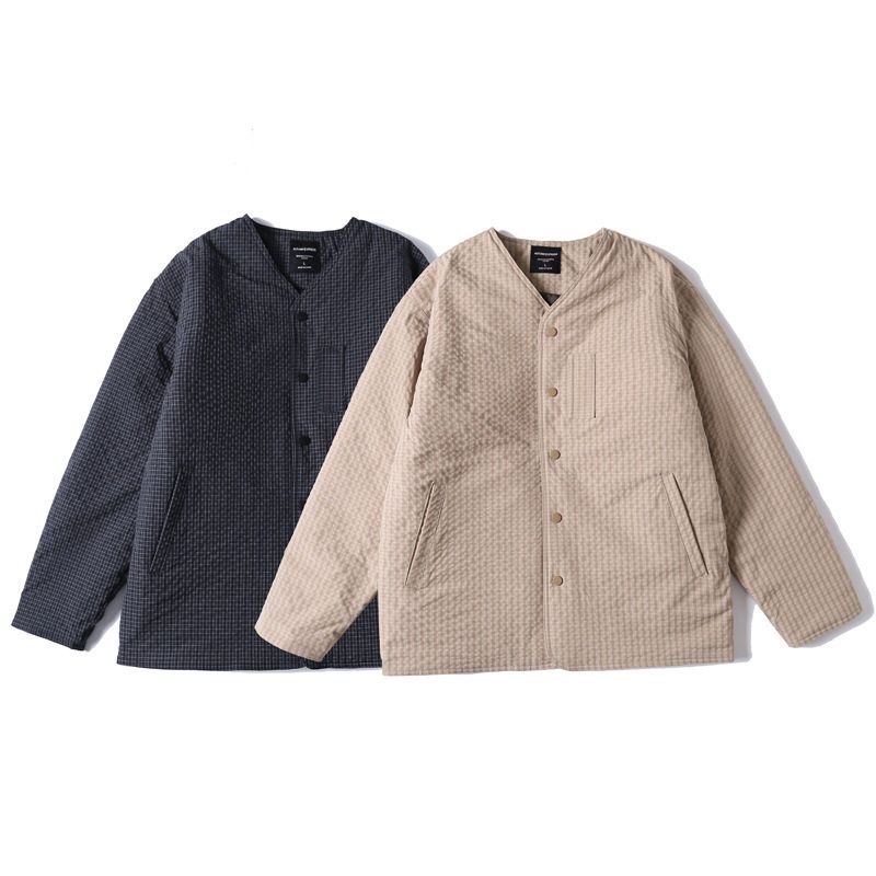 日系无领保暖工装冬季领格纹咔叽