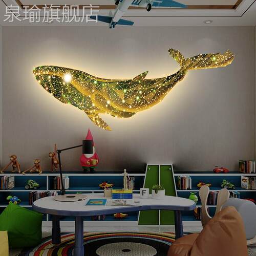 网红鲸鱼卧室床头022新款儿画2发童房挂画led间灯带光装饰画可爱