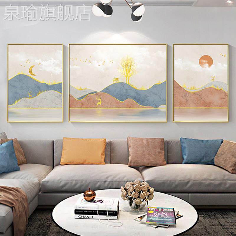 网红代约麋客厅沙发背景简现墙装厅饰画抽象画山水画鹿背有靠山客