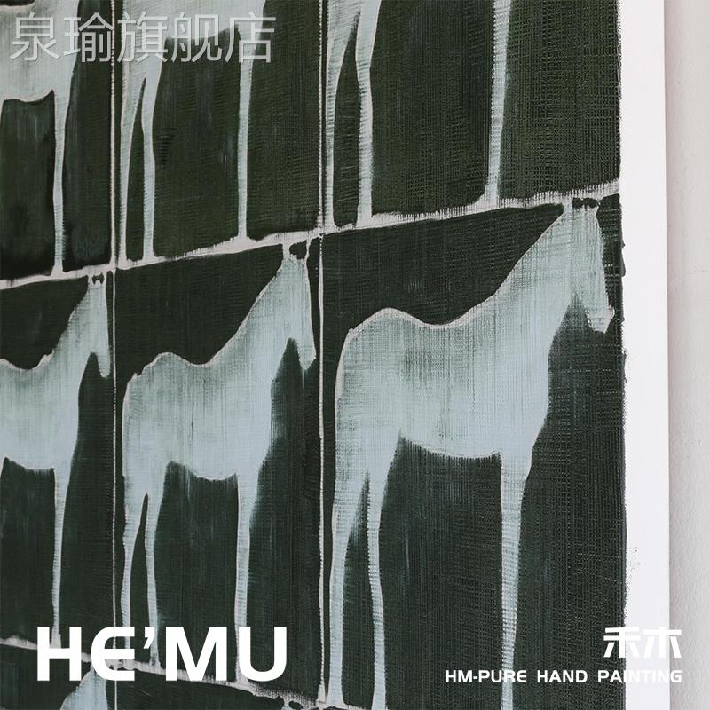 网红手绘油白色马装饰挂画色挂系动绿骏物主题画正方形客厅玄关画图片