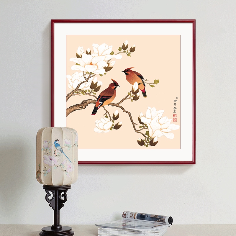 国画字画装裱卧室工笔画斗方花鸟仿古画客厅餐厅挂画新中式装网红