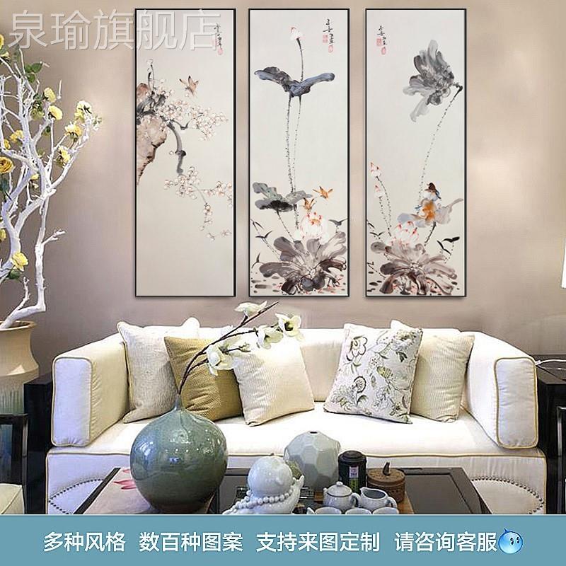 网红手绘轻新中装饰画客厅挂画沙发背式奢景墙室花鸟植物画茶餐厅图片